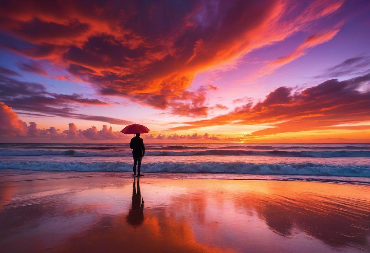 A passionate photographer capturing a breathtaking sunset scene, with a camera in hand, surrounded by a glowing aura of protection symbols like shields and umbrellas. The background features vivid colors of the sunset blending with elements symbolizing peace of mind, such as calming clouds and soft waves. The overall atmosphere should convey a sense of security and creativity intertwined. super-realistic. vibrant colors. dramatic lighting.